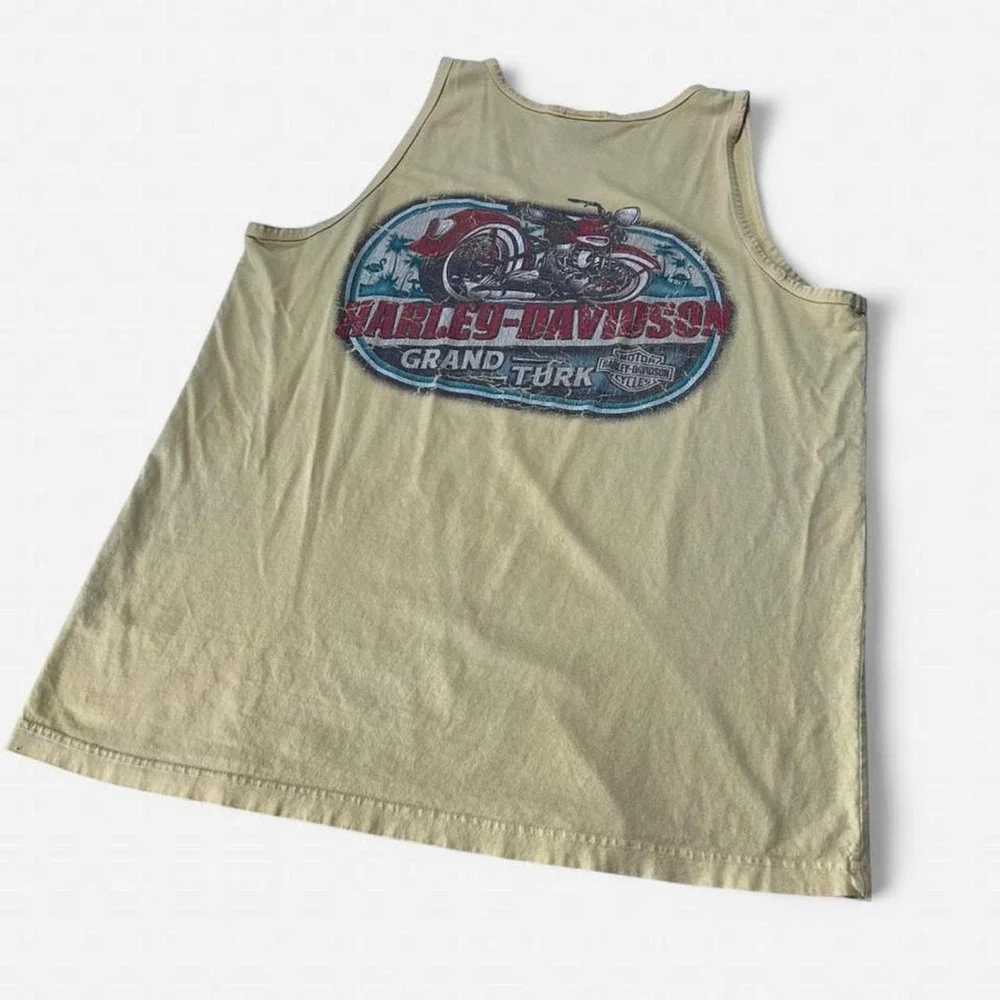 Harley Davidson Grand Turk Tank Top Mens XL Tan Distressed Graphic Sleeveless